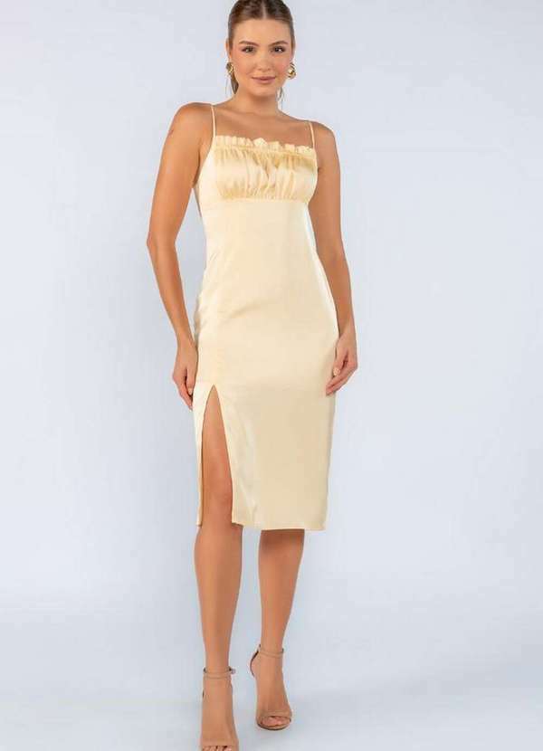 Lamis - Vestido Midi em Cetim Busto Franzido e Fenda Amarelo Claro