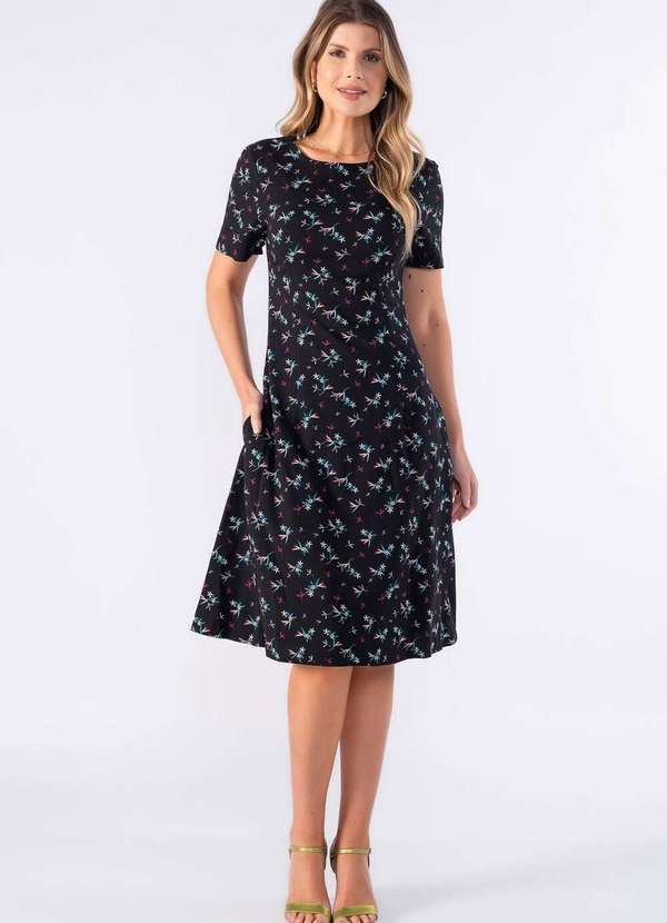 Lamis - Vestido Midi em Crepe Estampado Preto