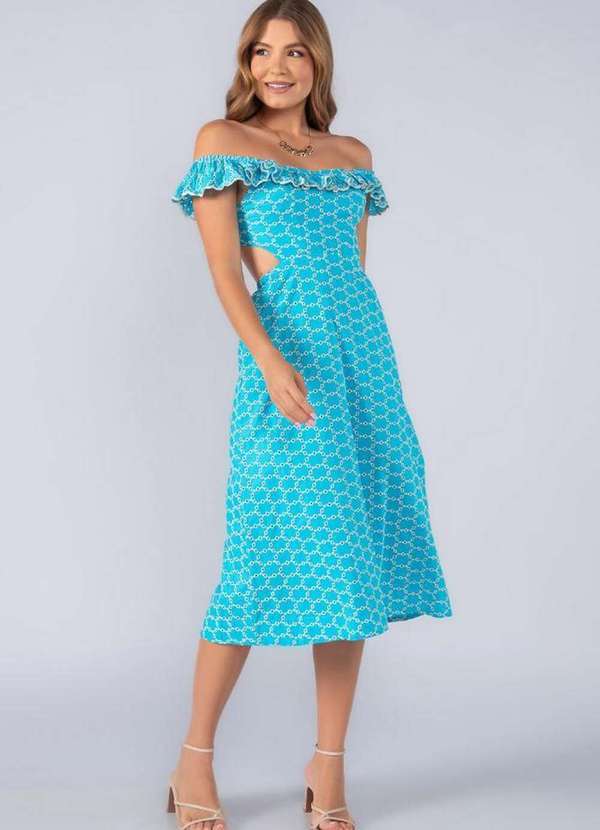 Lamis - Vestido Midi em Laise Babado e Abertura Costas Azul