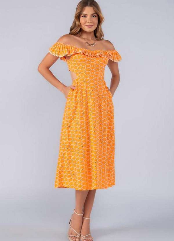 Lamis - Vestido Midi em Laise Babado e Abertura Costas Laranja