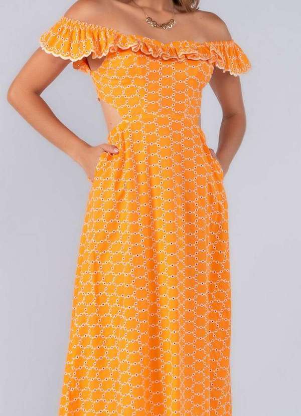 Lamis - Vestido Midi em Laise Babado e Abertura Costas Laranja 2