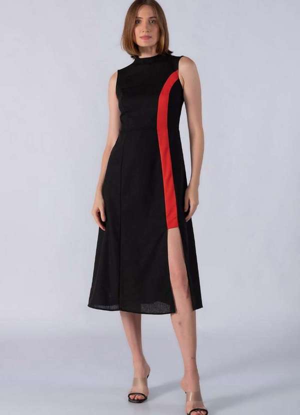 Lamis - Vestido Midi em Linho com Fenda Frontal Vermelho