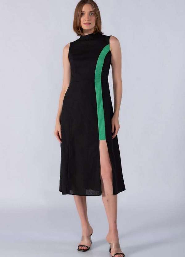 Lamis - Vestido Midi em Linho com Fenda Frontal Verde