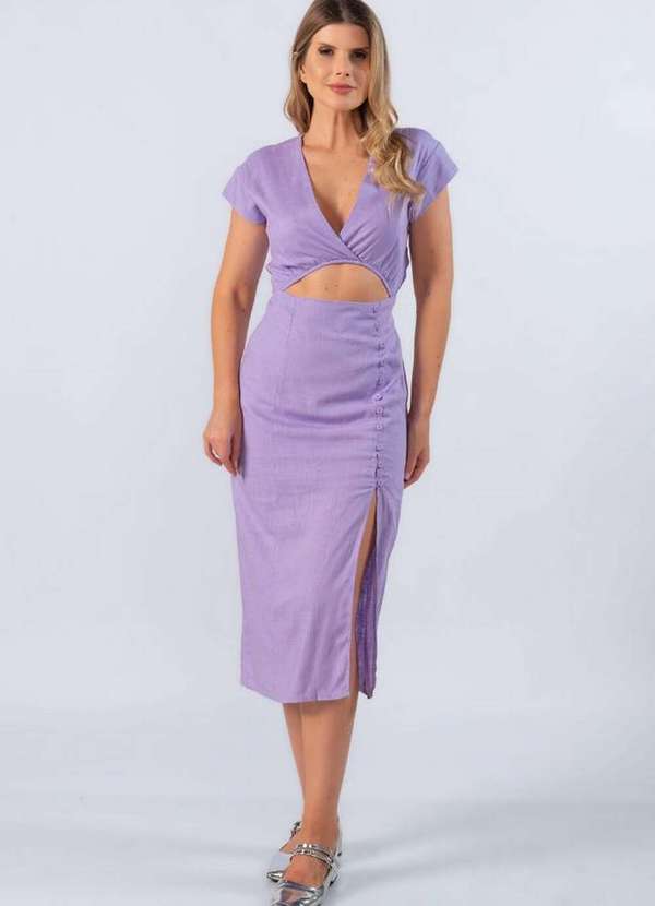 Lamis - Vestido Midi em Linho com Recorte Lilas