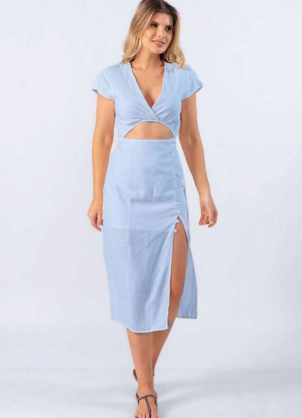Lamis - Vestido Midi em Linho com Recorte Azul Claro 4
