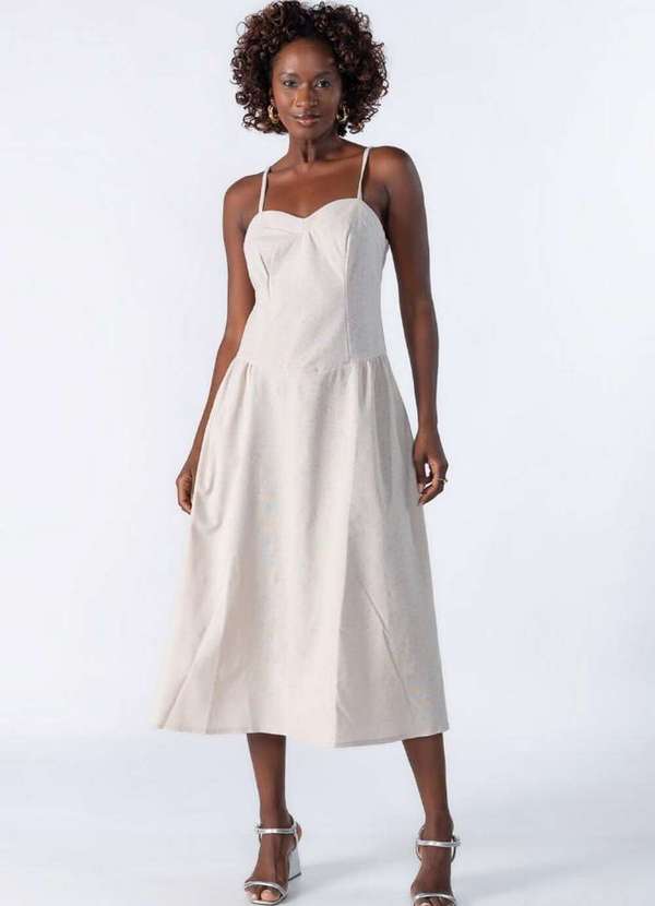 Lamis - Vestido Midi em Linho Decote Coracao Bege