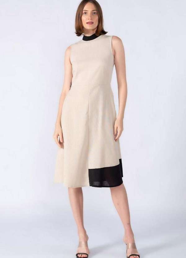 Lamis - Vestido Midi em Linho Detalhe Barra Bege