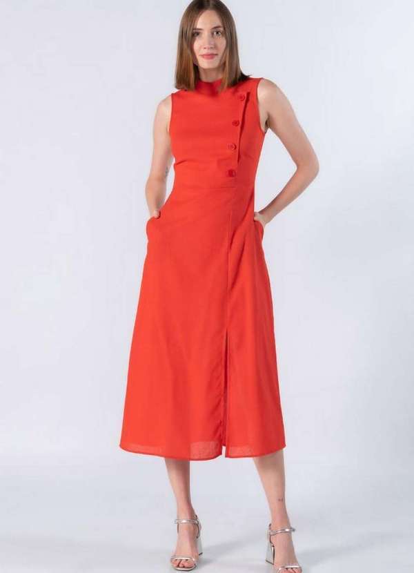Lamis - Vestido Midi em Linho Detalhe Botoes Vermelho