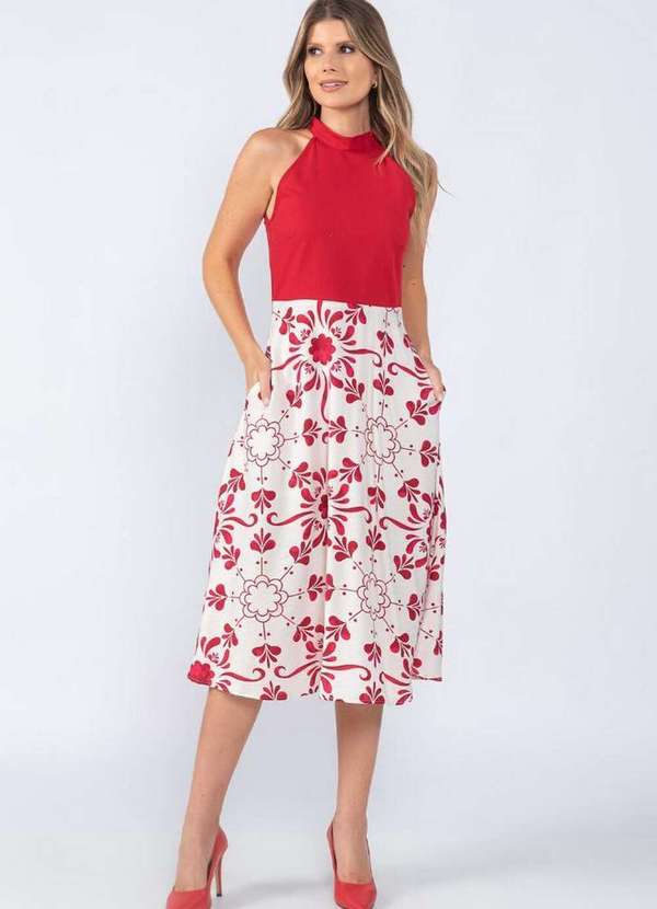 Lamis - Vestido Midi em Linho Floral Bicolor Evase Vermelho