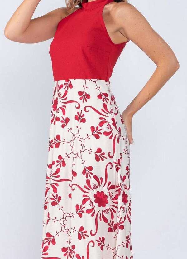 Lamis - Vestido Midi em Linho Floral Bicolor Evase Vermelho 2
