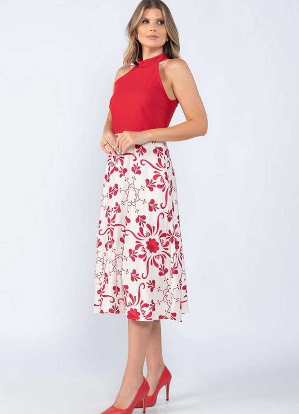 Lamis - Vestido Midi em Linho Floral Bicolor Evase Vermelho 3