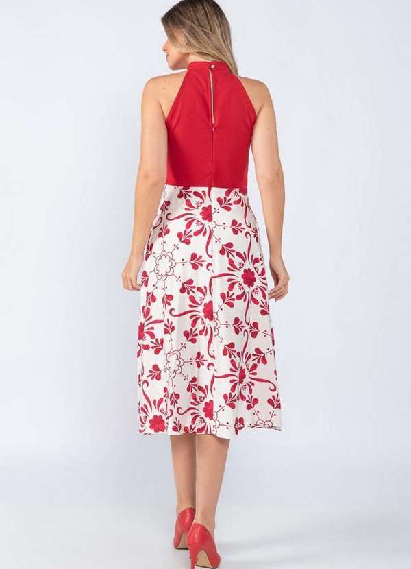 Lamis - Vestido Midi em Linho Floral Bicolor Evase Vermelho 4