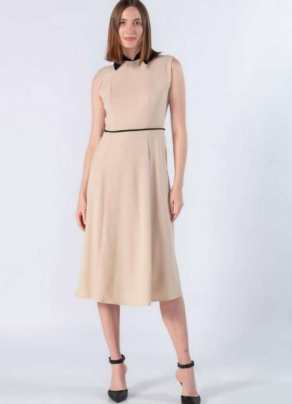 Lamis - Vestido Midi em Poliester Gola Classica Bege