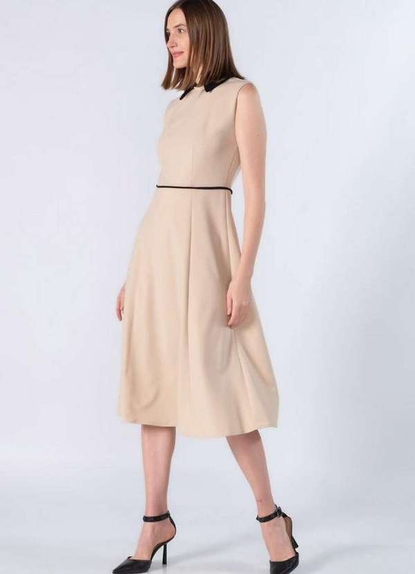 Lamis - Vestido Midi em Poliester Gola Classica Bege 2