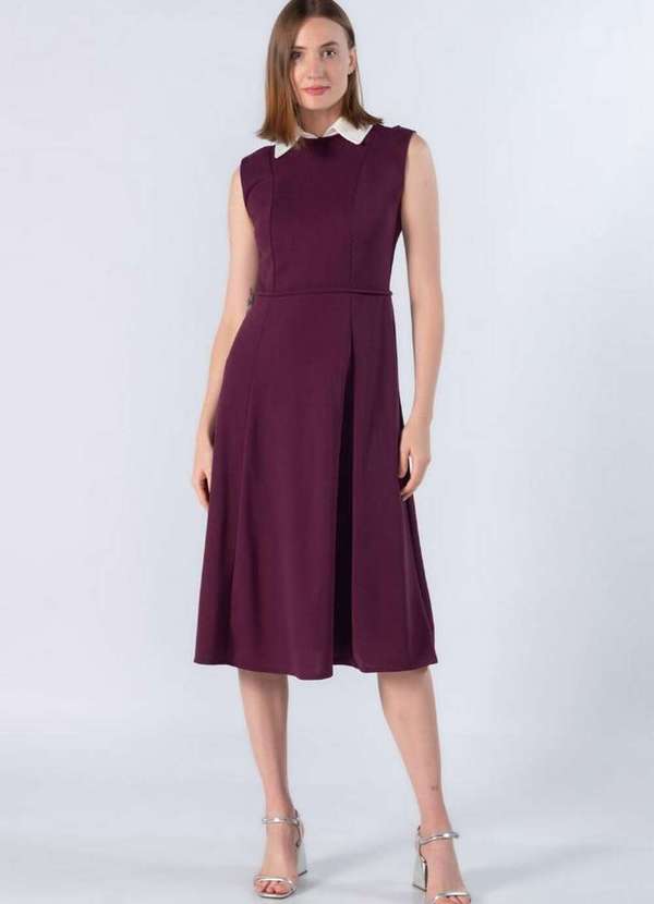 Lamis - Vestido Midi em Poliester Gola Classica Roxo