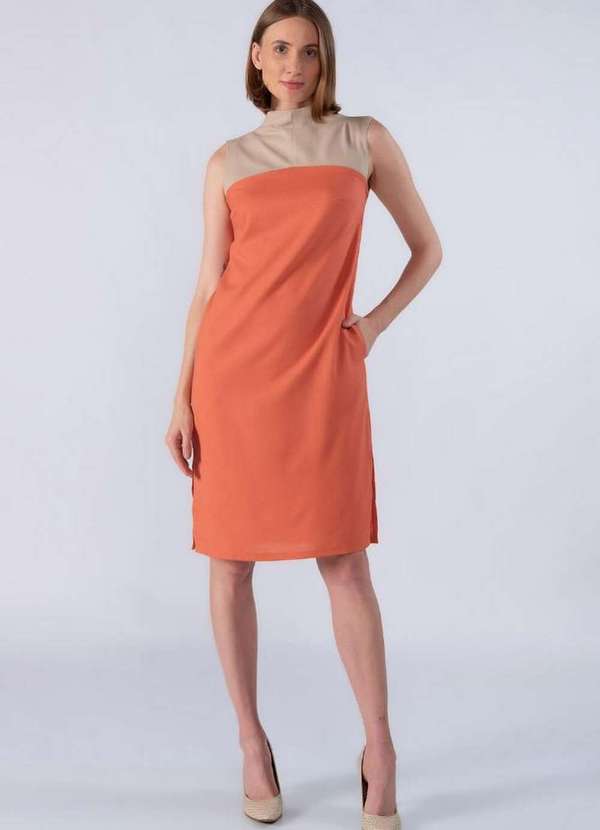 Lamis - Vestido Midi em Viscolinho Bicolor Ferrugem