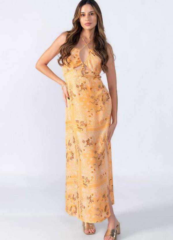 Lamis - Vestido Midi Estampado Decote Artesanal Laranja