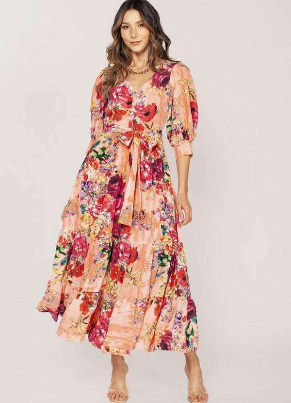 Lamis - Vestido Midi Floral Manga Bufante Abotoamento Frontal Salmao