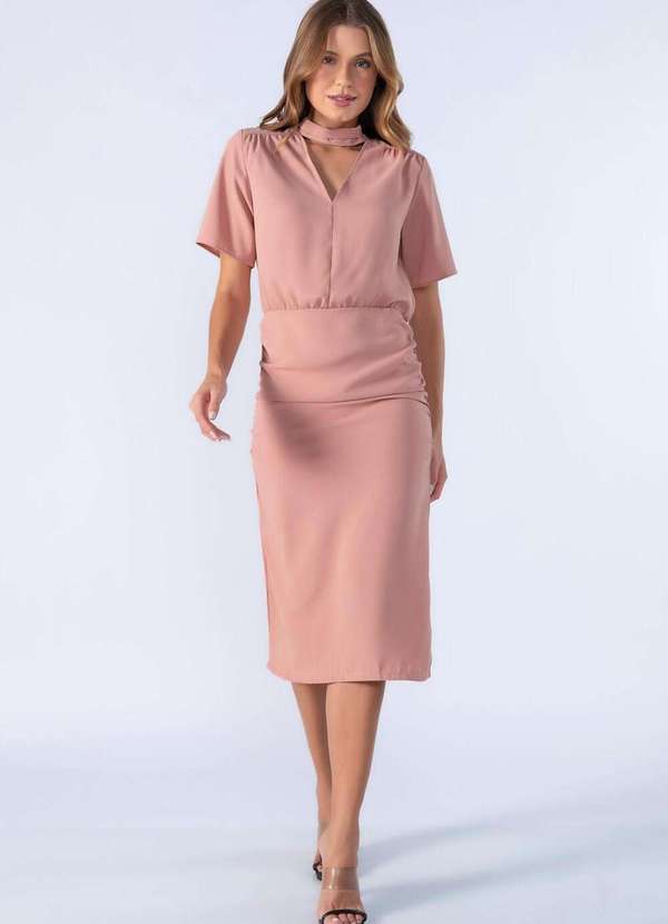 Lamis - Vestido Midi Franzido Decotado Rose