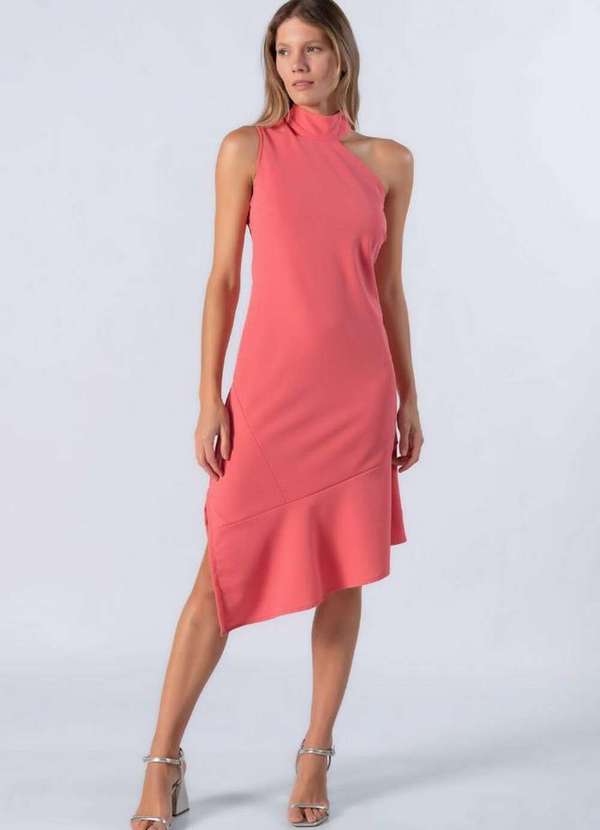 Lamis - Vestido Midi Gola Alta Barra Transversal Goiaba