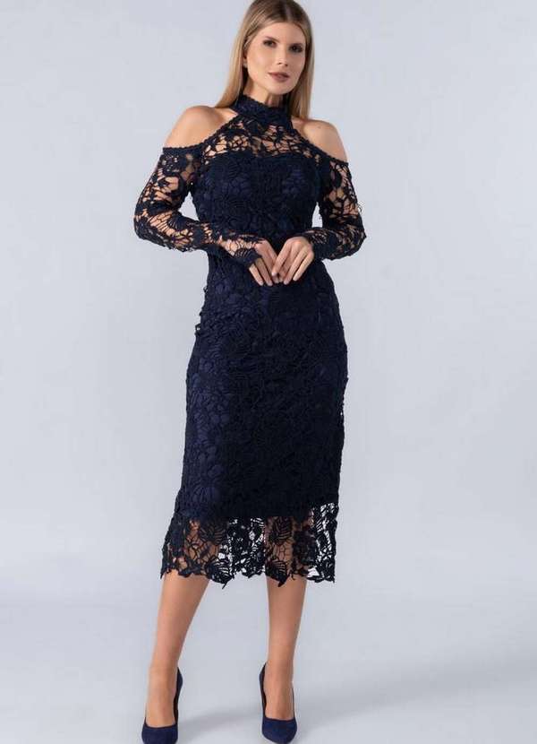 Lamis - Vestido Midi Guippir Ombro Vazado Azul Marinho