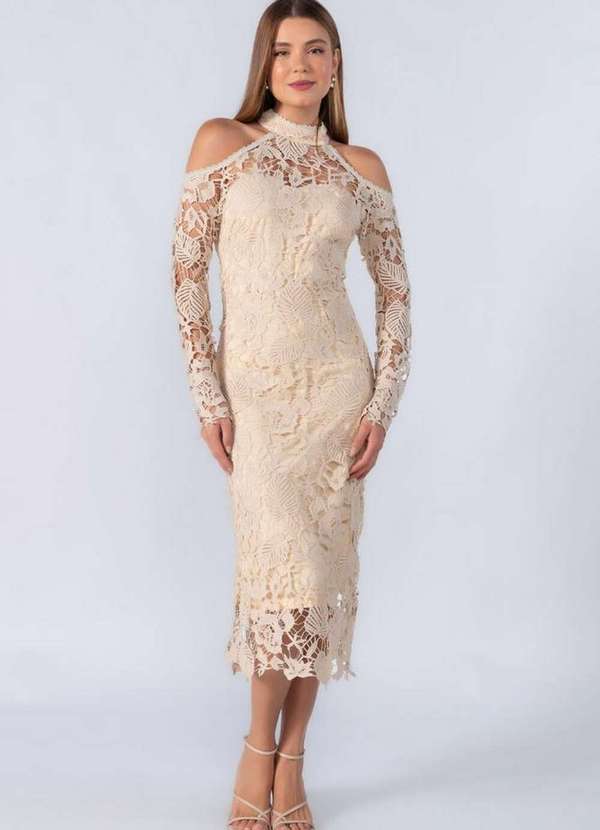 Lamis - Vestido Midi Guippir Ombro Vazado Bege
