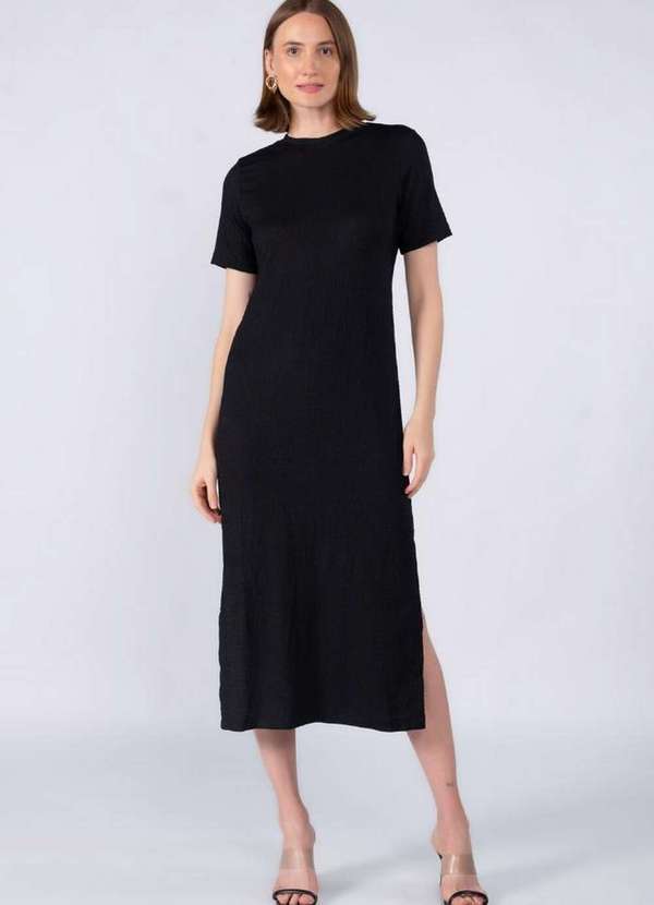 Lamis - Vestido Midi Manga Curta Abertura Lateral Preto