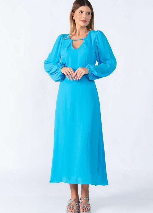 Lamis - Vestido Midi Manga Longa Balone Azul