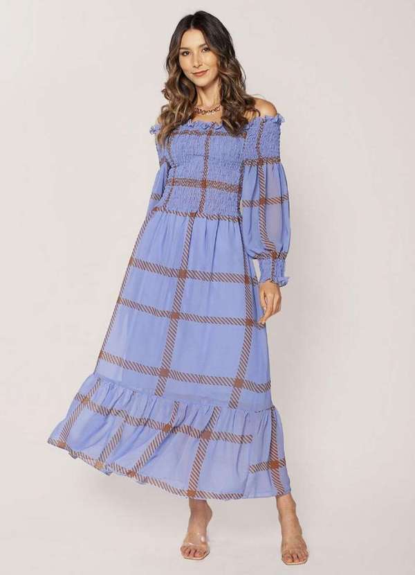 Lamis - Vestido Midi Ombro a Ombro Lastex Manga 3/4 Azul