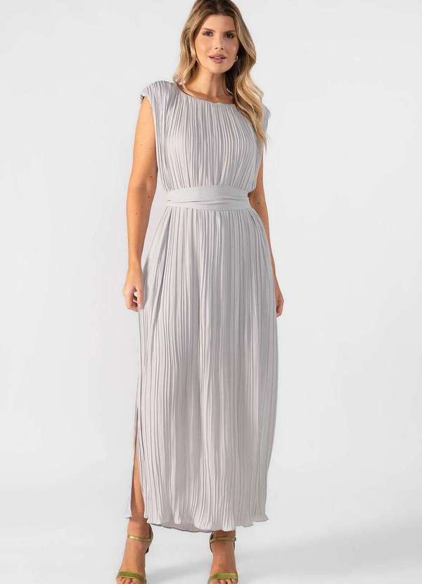 Lamis - Vestido Midi Plissado com Ombreiras Cinza 3