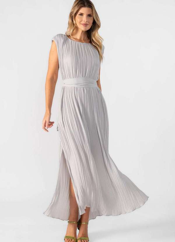Lamis - Vestido Midi Plissado com Ombreiras Cinza 4