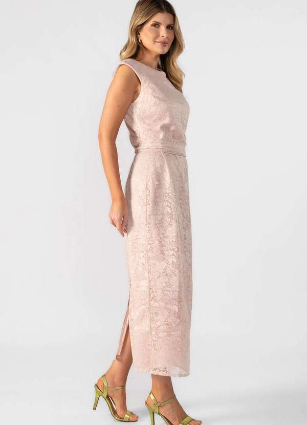 Lamis - Vestido Midi Renda com Faixa Rose
