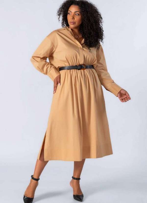 Lamis - Vestido Midi Tricoline Recorte Cintura Bege