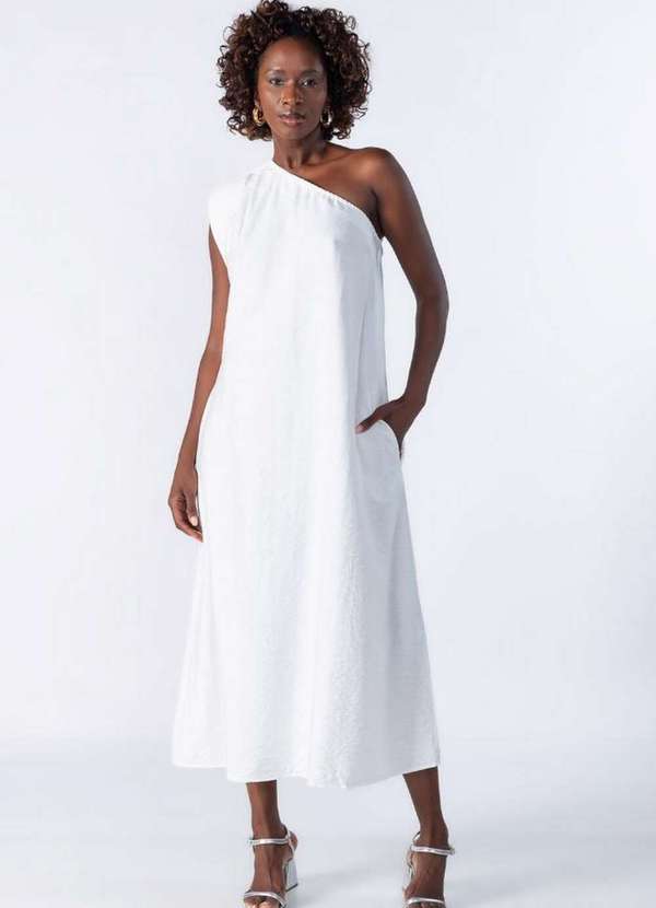 Lamis - Vestido Midi um Ombro Amplo Off White