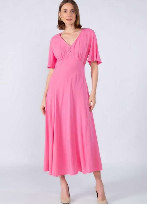 Lamis - Vestido Midi Viscose Botoes Forrado Rosa