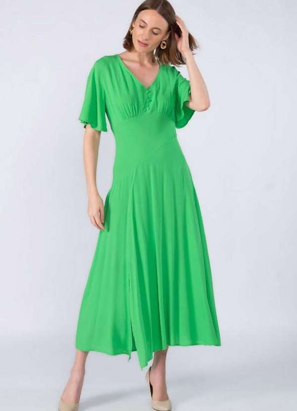 Lamis - Vestido Midi Viscose Botoes Forrado Verde