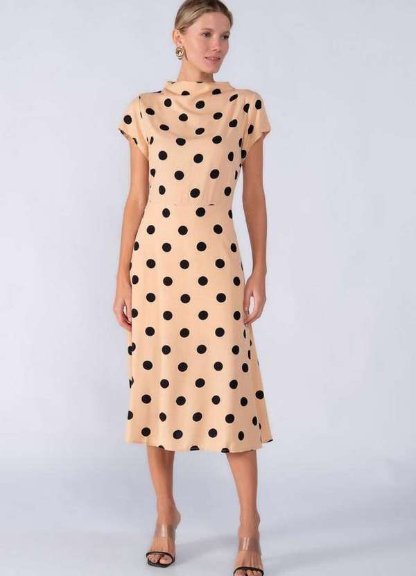 Lamis - Vestido Midi Viscose Evase Poa com Gola Bege