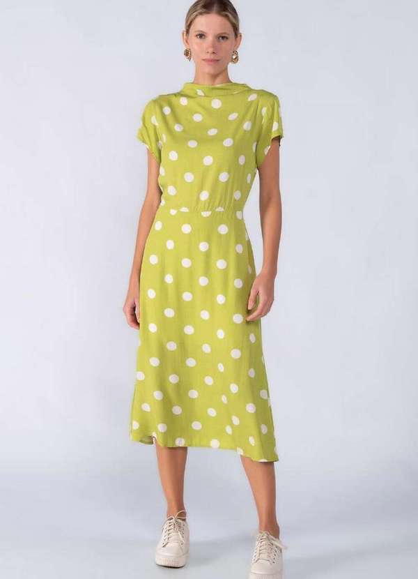 Lamis - Vestido Midi Viscose Evase Poa com Gola Verde 3