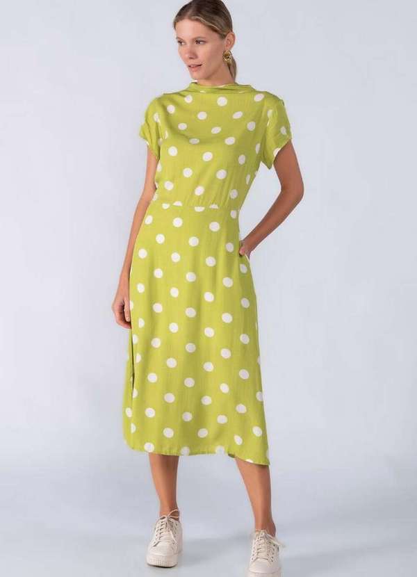 Lamis - Vestido Midi Viscose Evase Poa com Gola Verde 4