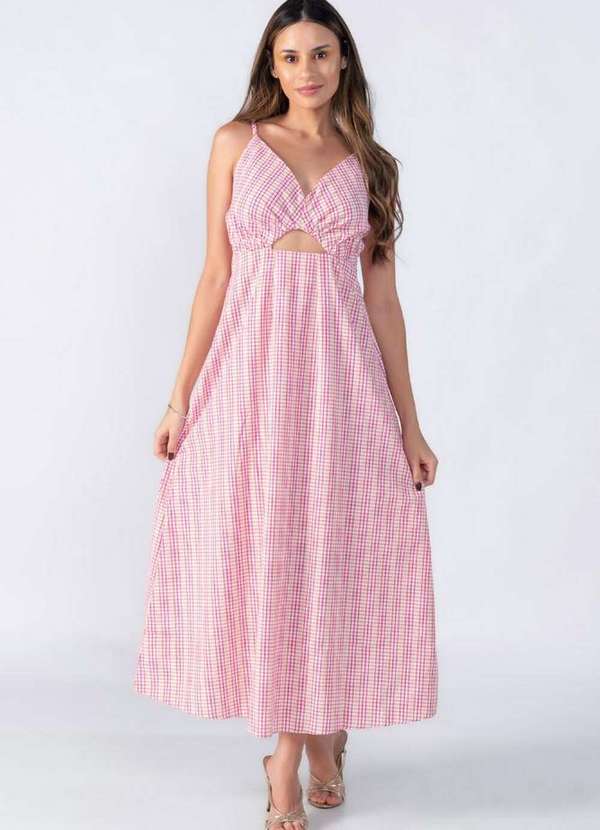 Lamis - Vestido Midi Xadrez Abertura Decote Rosa