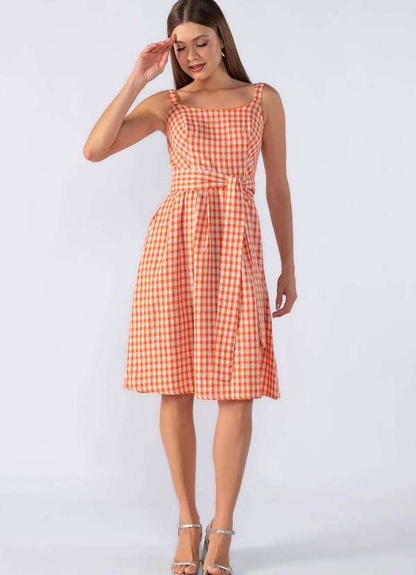 Lamis - Vestido Midi Xadrez com Faixa Laranja 2