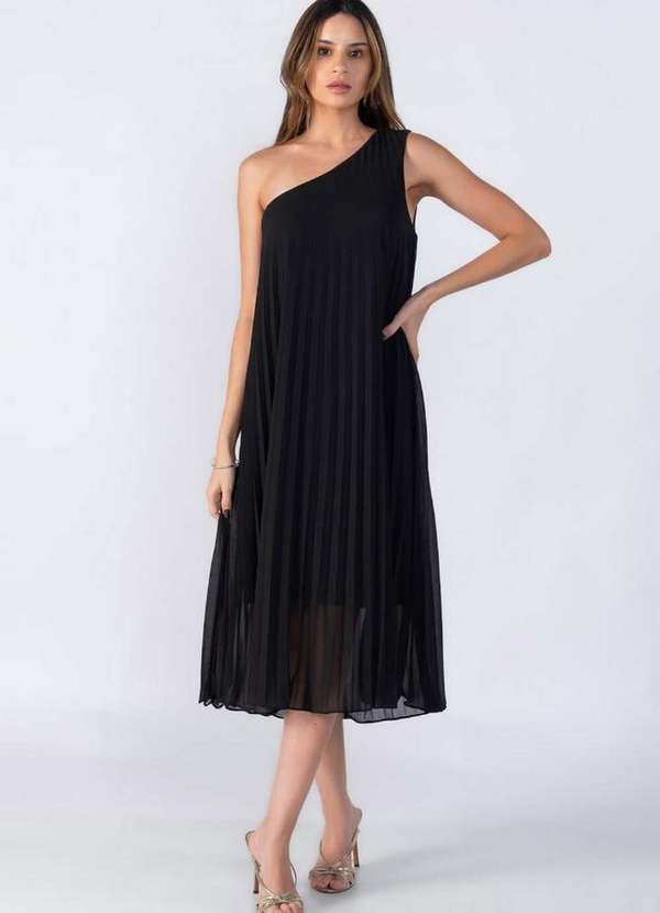 Lamis - Vestido Plissado um Ombro Preto