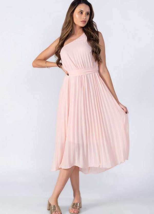 Lamis - Vestido Plissado um Ombro Rosa