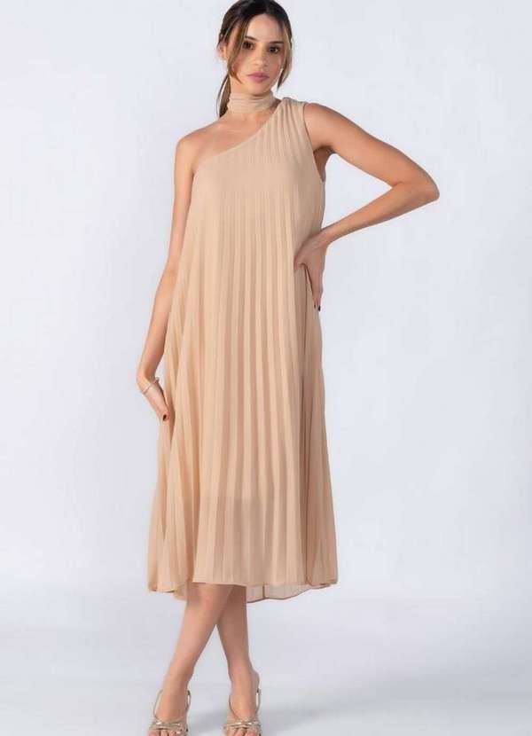 Lamis - Vestido Plissado um Ombro Bege
