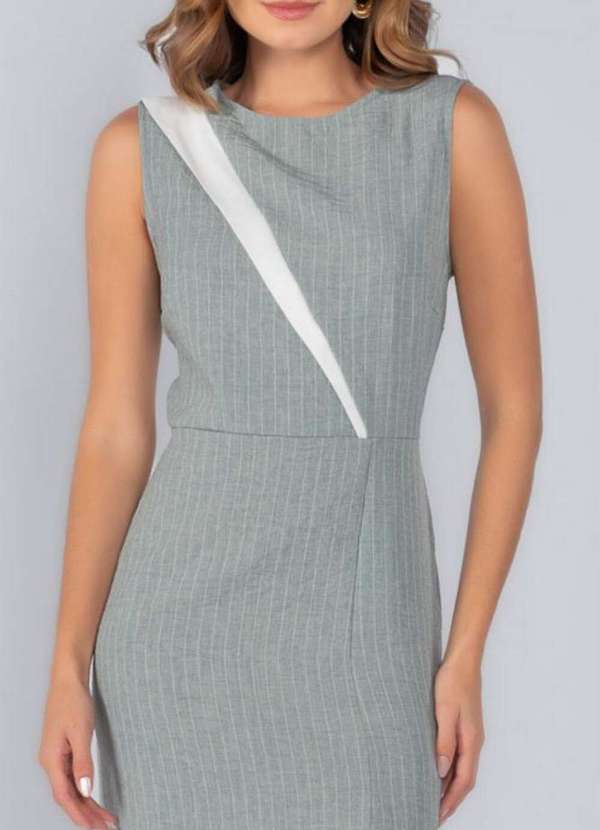 Lamis - Vestido Social Risca de Giz Recorte Barra Verde