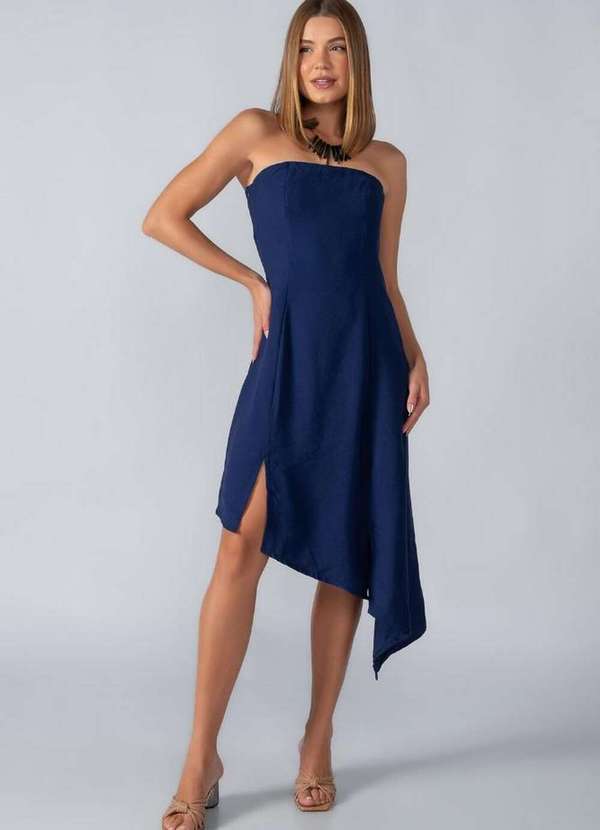Lamis - Vestido Tomara que Caia Assimetrico com Fenda Azul