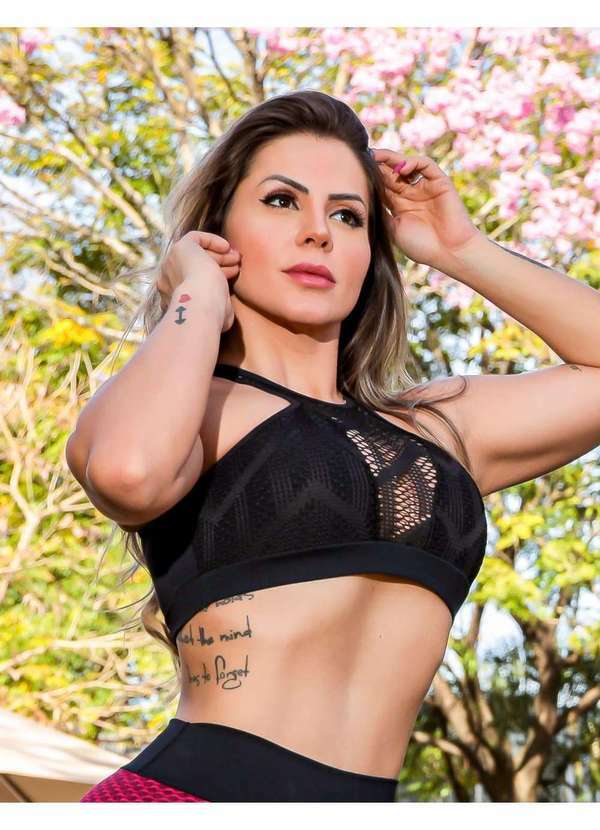 Fitmoda - Cropped Fitness Feminino sem Bojo e Detalhes em Tela Preto