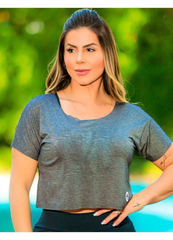 Fitmoda - Blusa Cropped Academia Feminina com Manguinhas Cinza