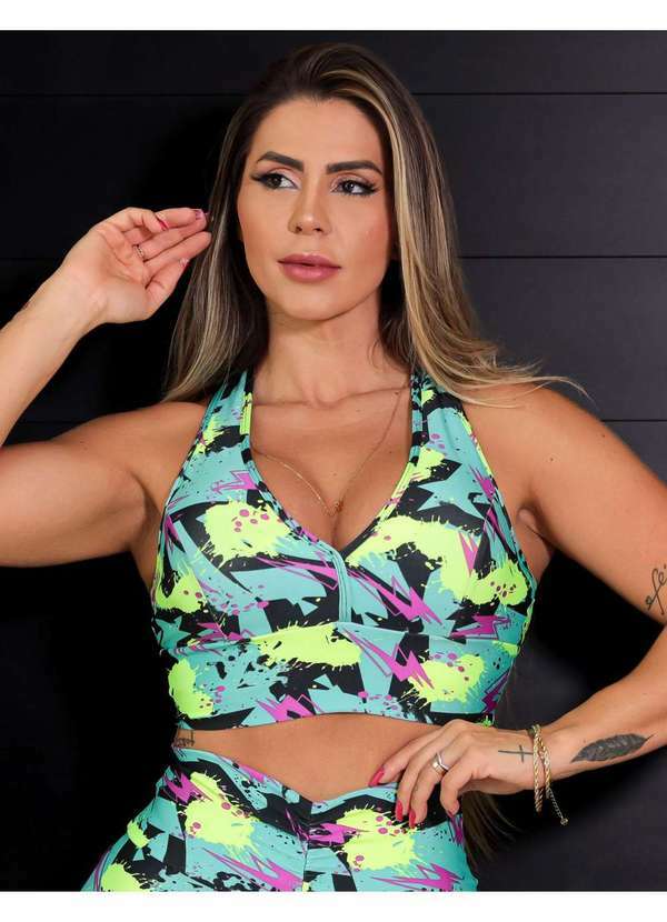 Fitmoda - Cropped Esportivo Feminino Estampado com Bojo Azul