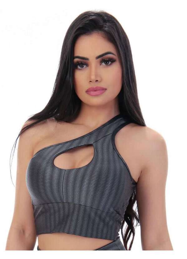 Fitmoda - Cropped Fitness com Bojo em Poliamida com Decote Gota Cinza
